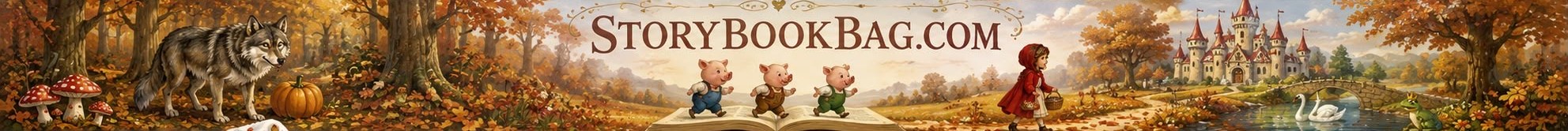 StoryBookBag.com — autumn forest with the wolf, three little pigs on an open book, Little Red Riding Hood and a castle