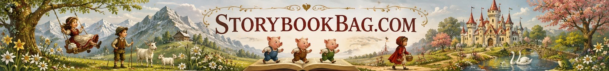 StoryBookBag.com — springtime fairy-tale meadow with three little pigs on an open book, Little Red Riding Hood and a castle
