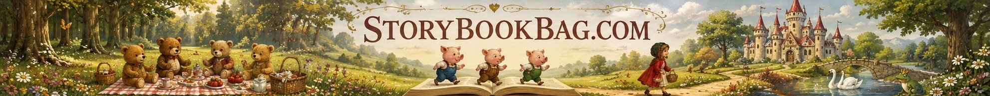 StoryBookBag.com — summer teddy bears' picnic with three little pigs on an open book, Little Red Riding Hood and a castle