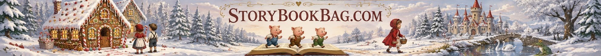 StoryBookBag.com — snowy winter scene with a gingerbread house, three little pigs on an open book, Little Red Riding Hood and a castle