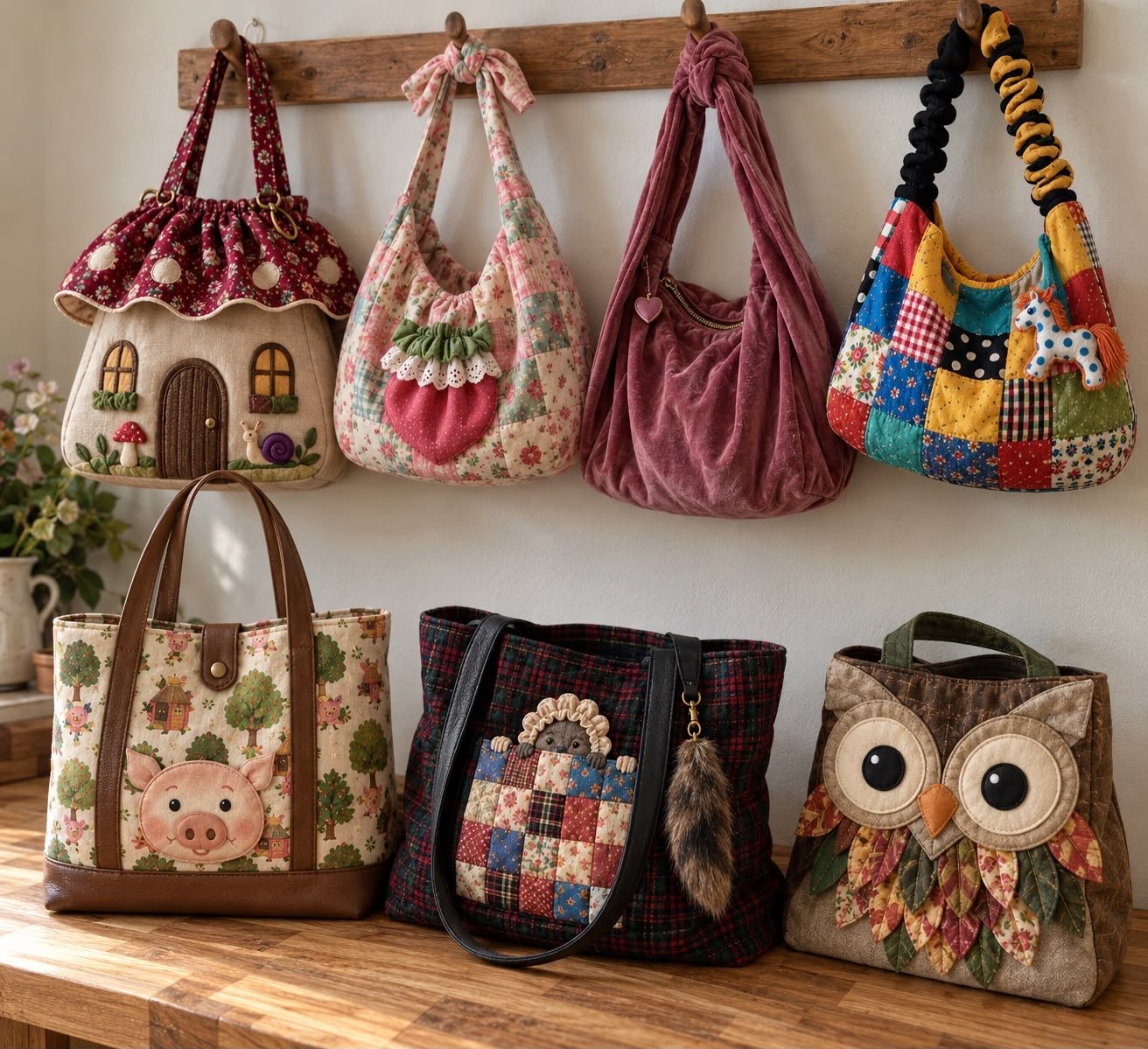 A sneak peek of handmade fabric bags: a toadstool-house bag, a patchwork bag with a strawberry pocket, a rose velvet knot bag, a colourful patchwork bag with a toy horse, a three-little-pigs tote, a tartan bag with a little hedgehog, and an owl bag with leaf feathers