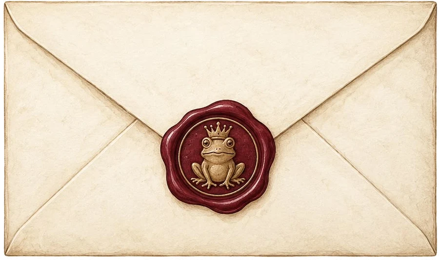 A vintage off-white envelope seen from the back, its flap closed with a burgundy wax seal showing a crowned frog